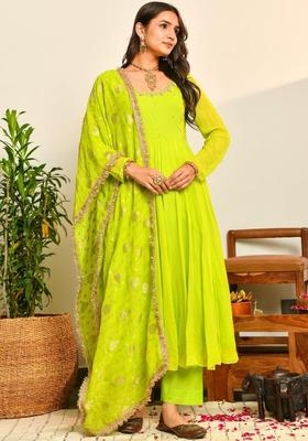 Fluorescent Green Yoke Design Viscose Anarkli Sets