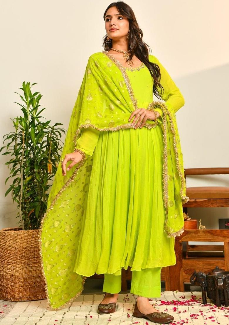 Fluorescent Green Yoke Design Viscose Anarkli Sets - Indya