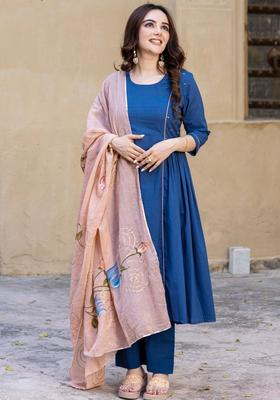 Blue Embroidered Silk Blend Anarkli Sets