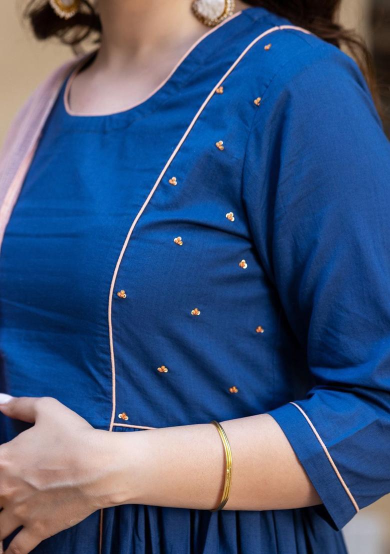 Blue Embroidered Silk Blend Anarkli Sets - Indya