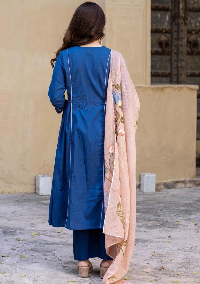 Blue Embroidered Silk Blend Anarkli Sets - Indya