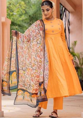 Orange Yoke Design Cotton Anarkli Sets