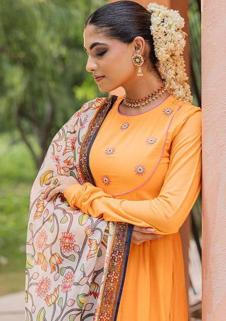 Orange Yoke Design Cotton Anarkli Sets - Indya