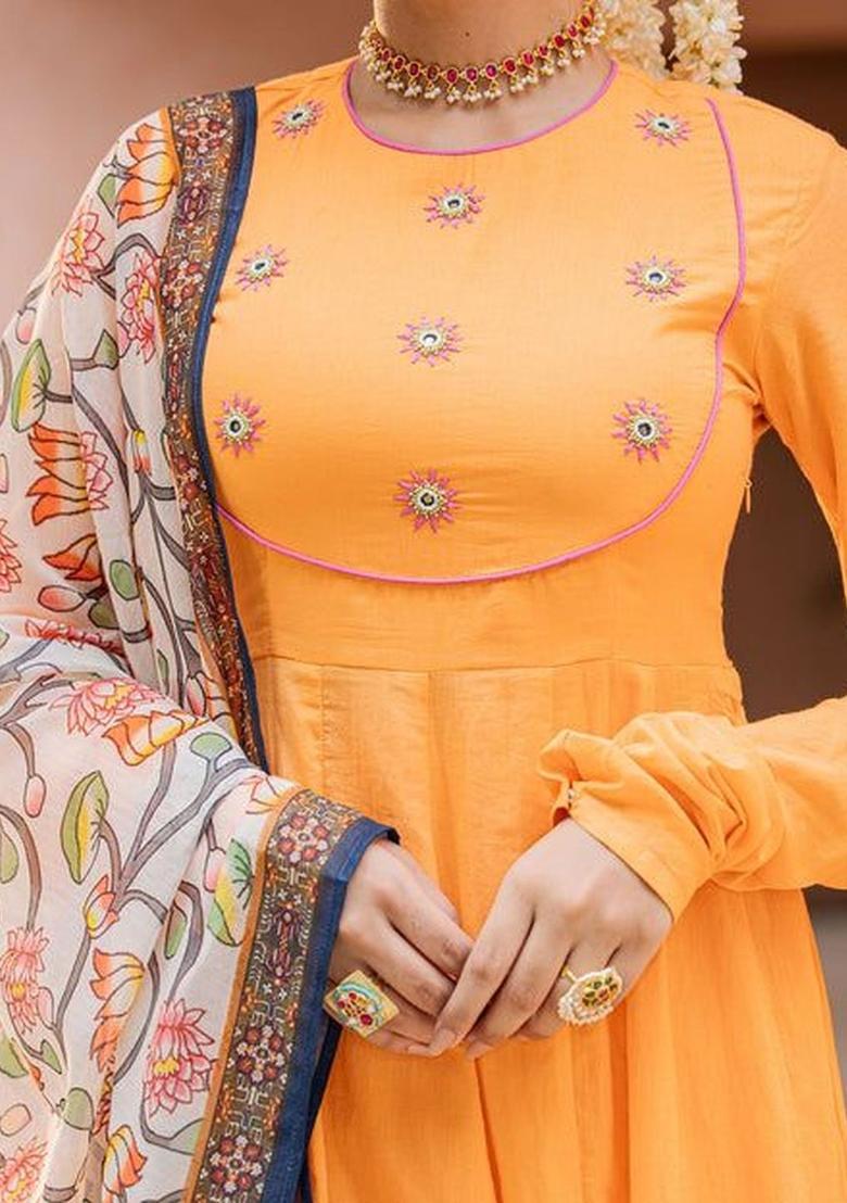 Orange Yoke Design Cotton Anarkli Sets - Indya