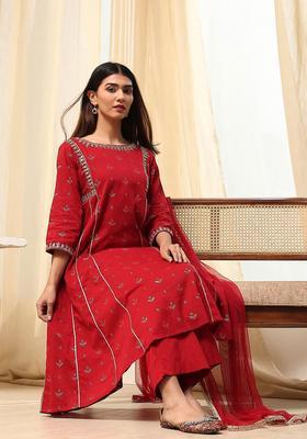 Red Printed Cotton Anarkli Sets