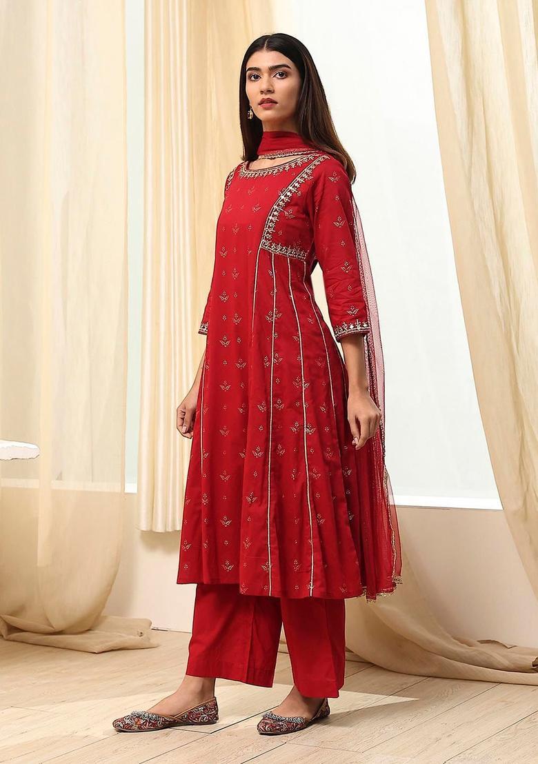 Red Printed Cotton Anarkli Sets - Indya