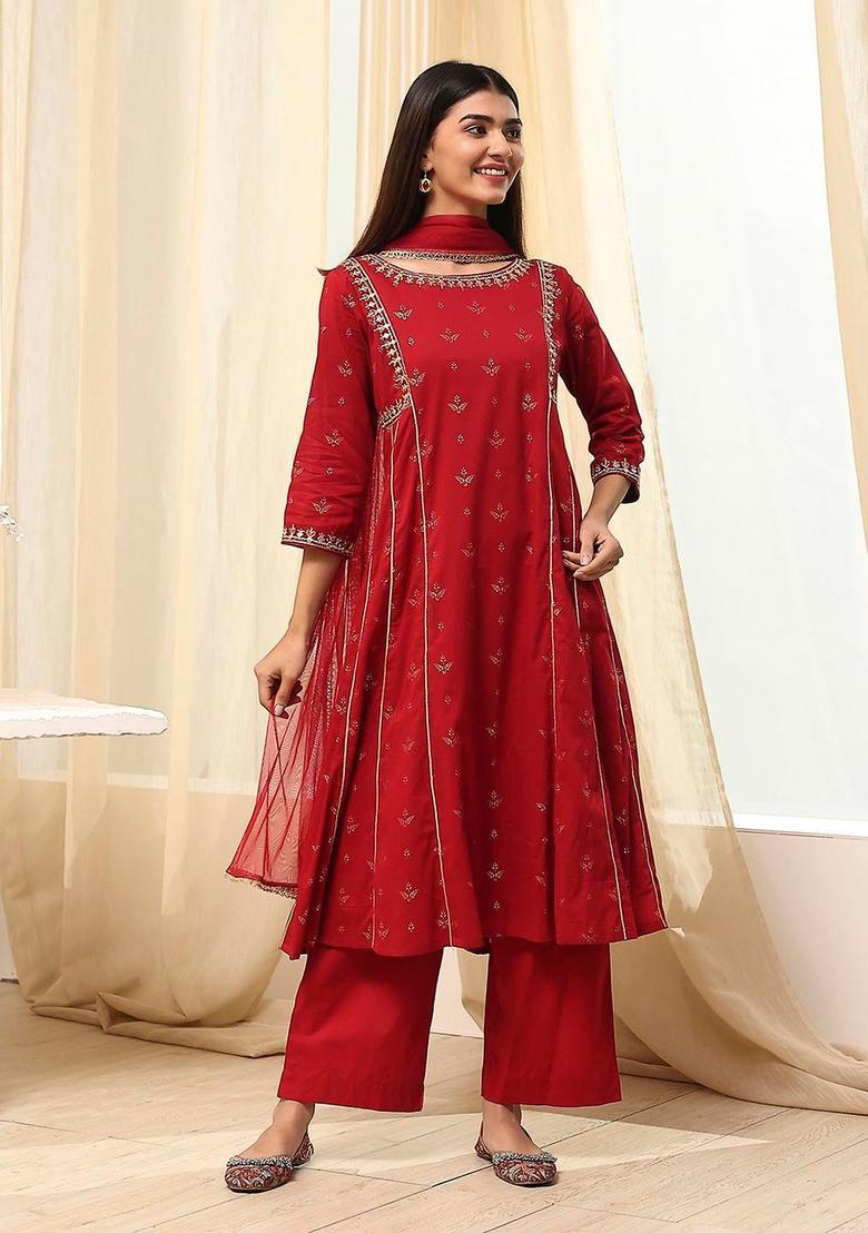 Red Printed Cotton Anarkli Sets - Indya