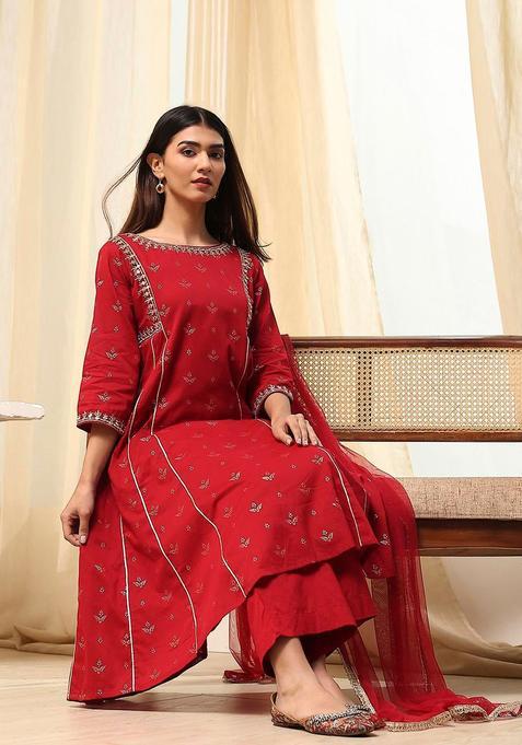 Red Printed Cotton Anarkli Sets