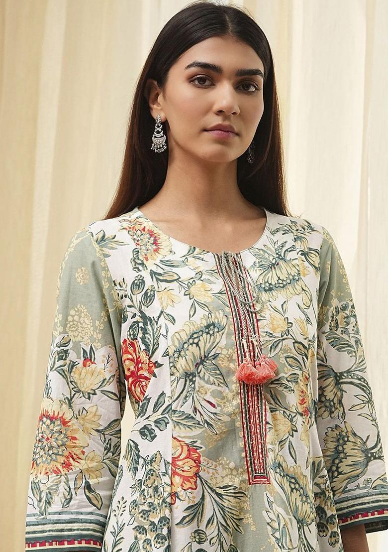 Sea Green Printed Cotton Kurta Sets - Indya