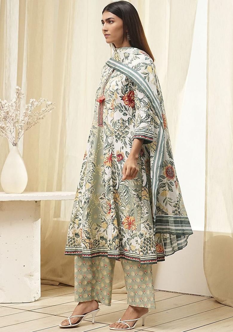 Sea Green Printed Cotton Kurta Sets - Indya