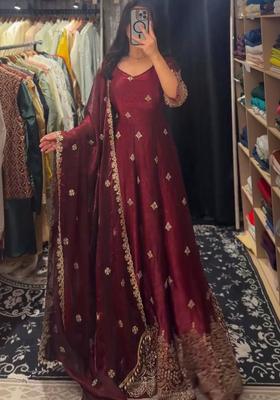 Maroon Embroidered Silk Blend Anarkli Sets