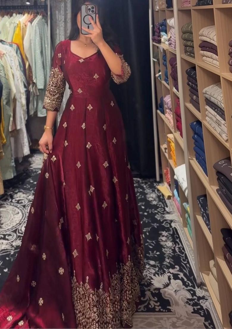 Maroon Embroidered Silk Blend Anarkli Sets - Indya