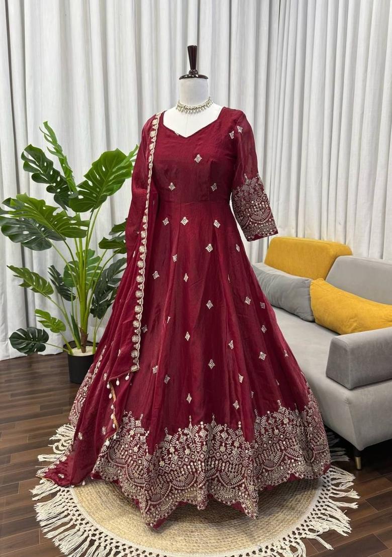 Maroon Embroidered Silk Blend Anarkli Sets - Indya