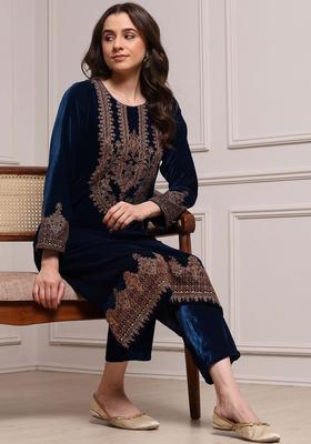 Navy Blue Embroidered Polyester Kurta Sets