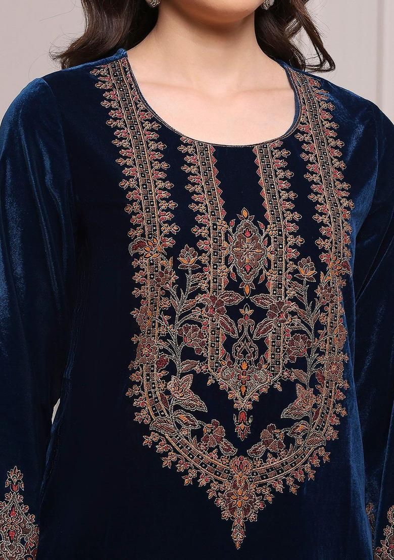 Navy Blue Embroidered Polyester Kurta Sets - Indya