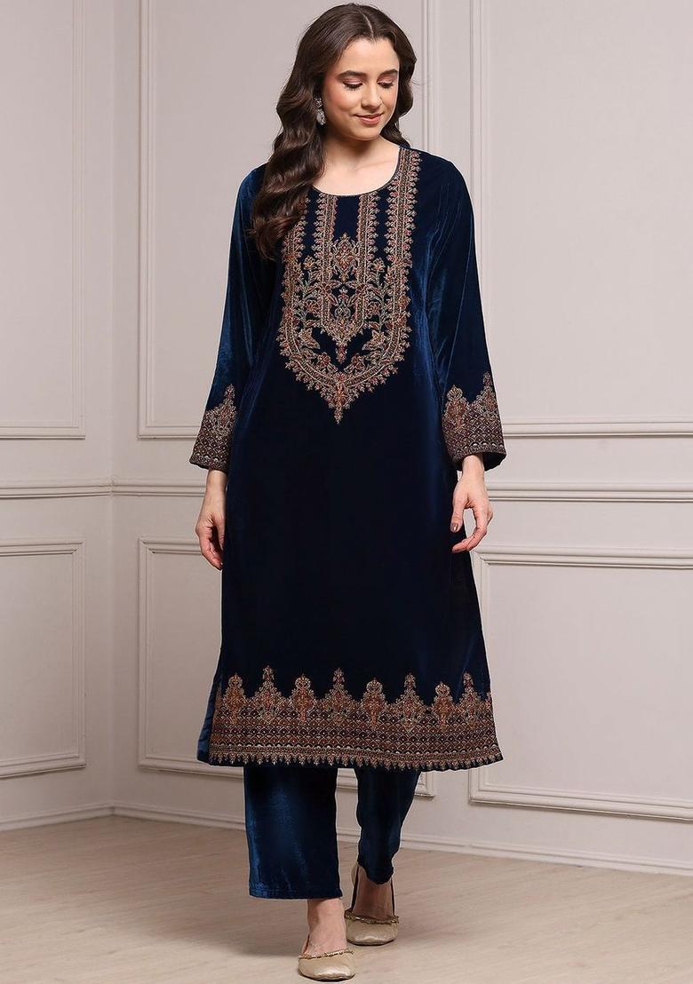 Navy Blue Embroidered Polyester Kurta Sets - Indya