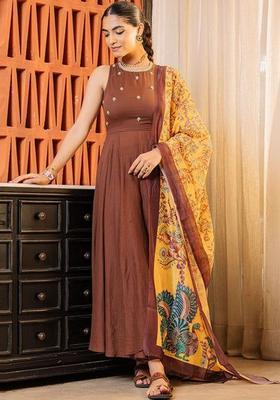 Brown Self Design Cotton Kurta Sets