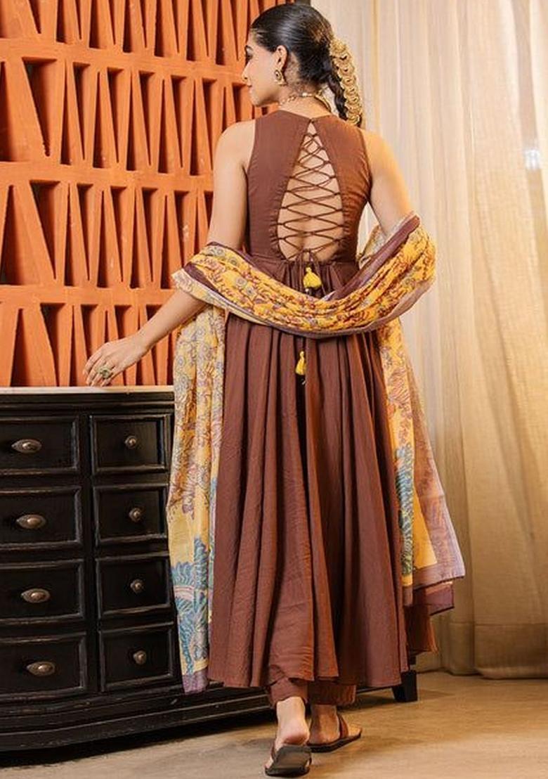 Brown Self Design Cotton Kurta Sets - Indya