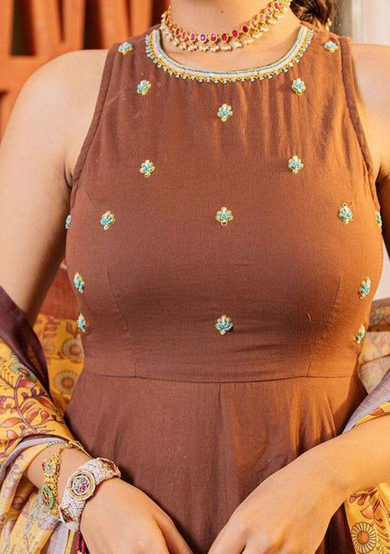 Brown Self Design Cotton Kurta Sets - Indya