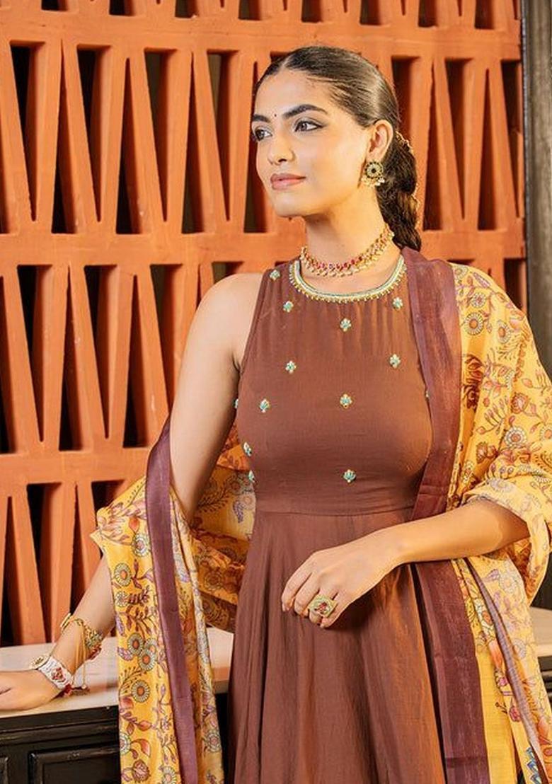 Brown Self Design Cotton Kurta Sets - Indya