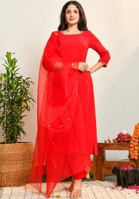 Red Embroidered Viscose Kurta Sets