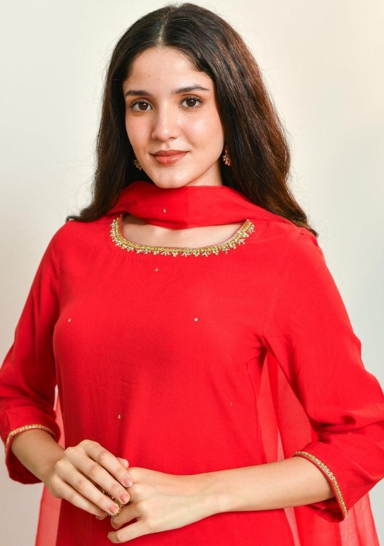 Red Embroidered Viscose Kurta Sets - Indya