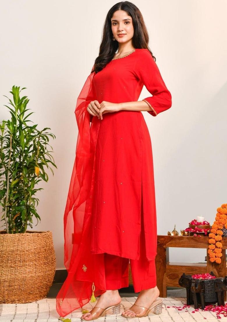 Red Embroidered Viscose Kurta Sets - Indya