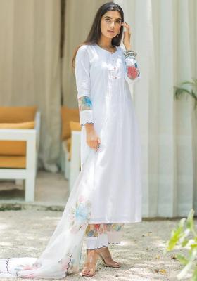 White Self Design Cotton Kurta Sets