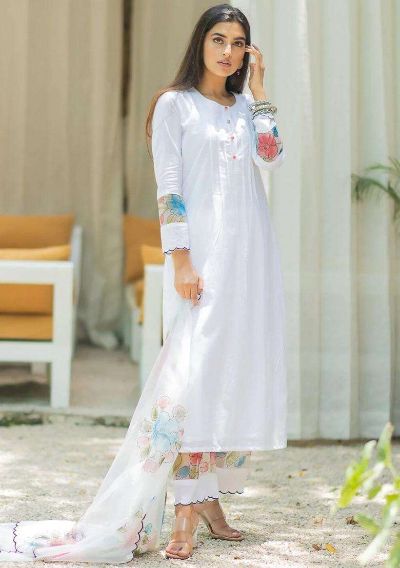 White Self Design Cotton Kurta Sets - Indya
