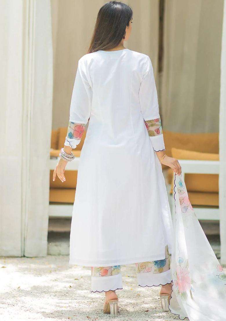 White Self Design Cotton Kurta Sets - Indya