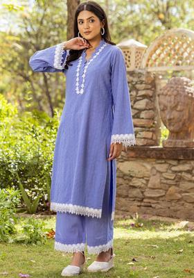 Blue Solid Cotton Kurta Sets