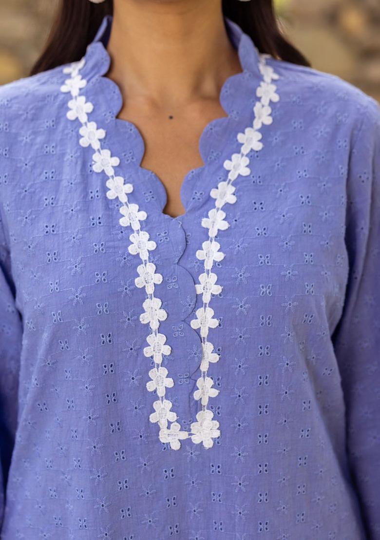 Blue Solid Cotton Kurta Sets - Indya