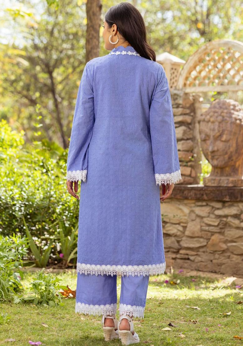 Blue Solid Cotton Kurta Sets - Indya