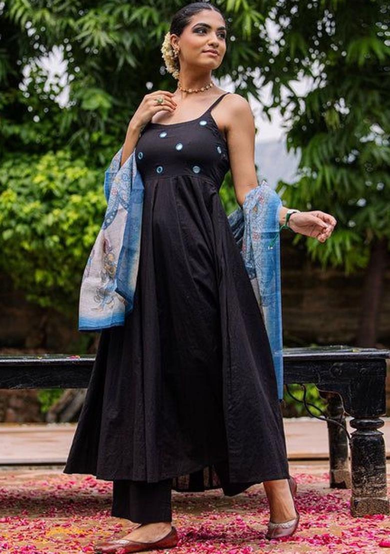 Black Embroidered Cotton Anarkli Sets - Indya