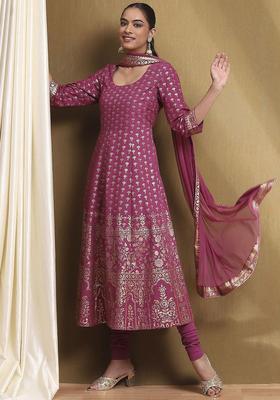 Purple Printed Cotton Anarkli Sets
