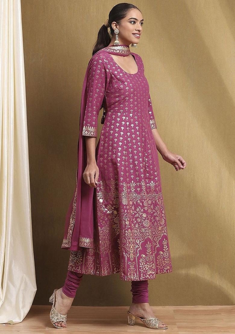 Purple Printed Cotton Anarkli Sets - Indya