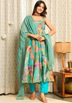 Turquoise Blue Printed Viscose Kurta Sets