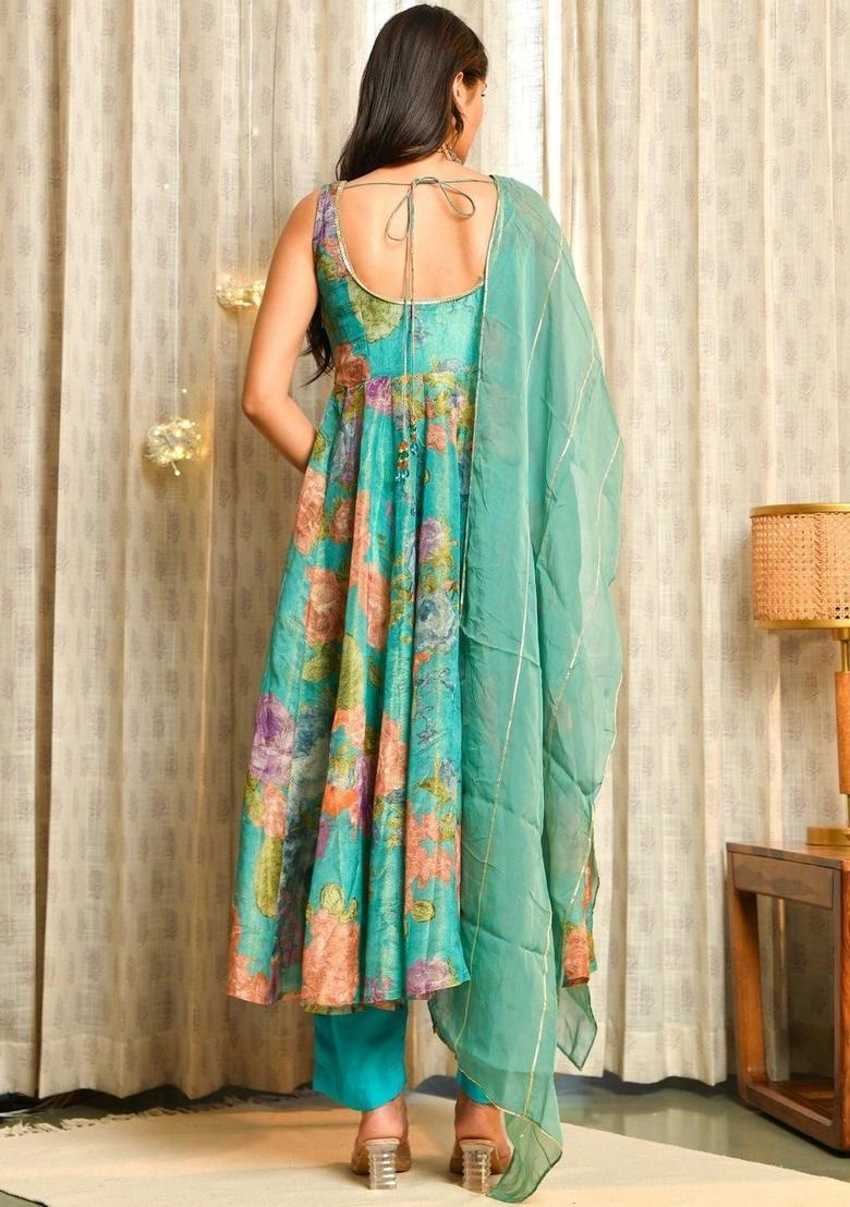 Turquoise Blue Printed Viscose Kurta Sets - Indya