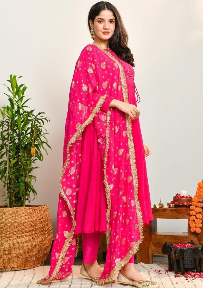 Pink Yoke Design Viscose Anarkli Sets - Indya