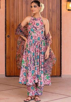 Peach Printed Viscose Anarkli Sets