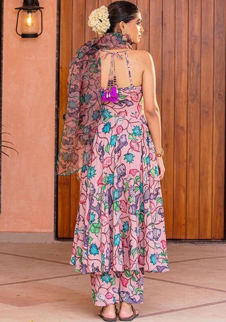 Peach Printed Viscose Anarkli Sets - Indya