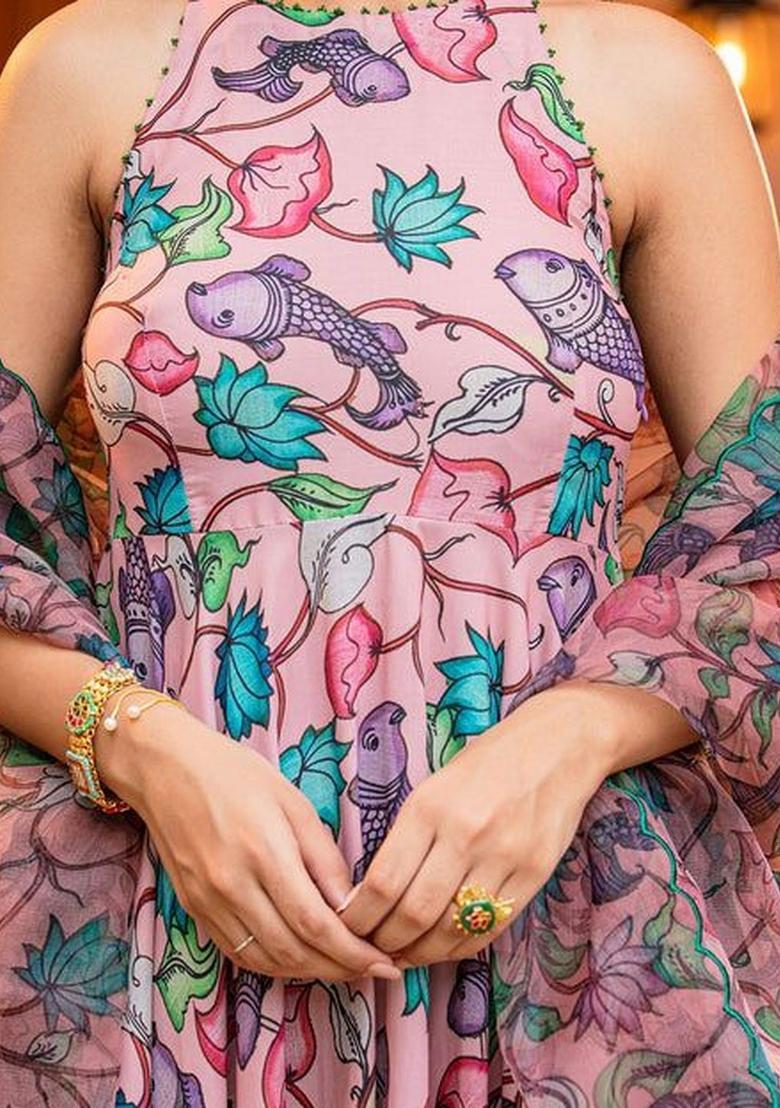 Peach Printed Viscose Anarkli Sets - Indya