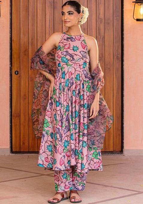 Peach Printed Viscose Anarkli Sets