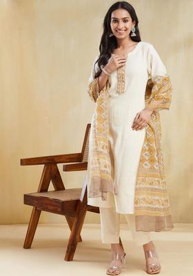 Off White Self Design Cotton Kurta Sets