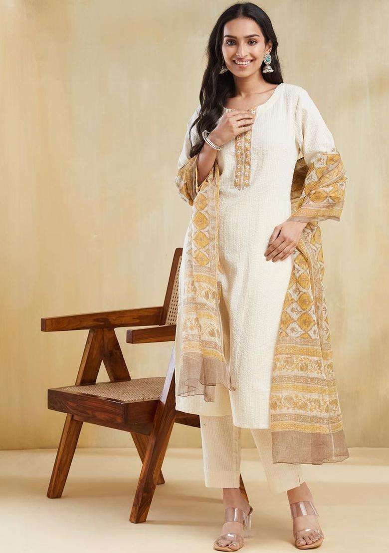 Off White Self Design Cotton Kurta Sets - Indya