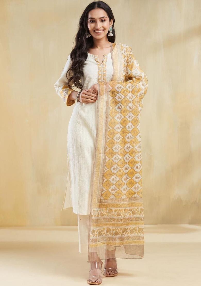 Off White Self Design Cotton Kurta Sets - Indya