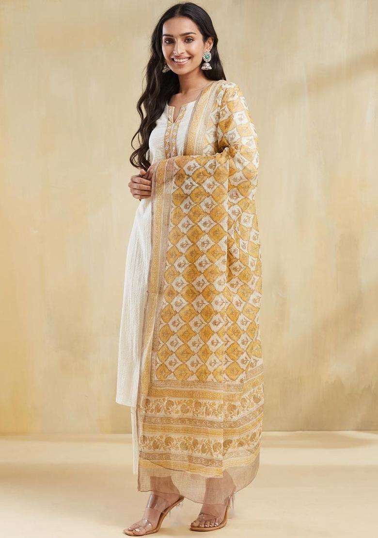 Off White Self Design Cotton Kurta Sets - Indya