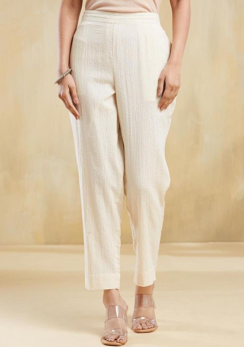 Off White Self Design Cotton Kurta Sets - Indya