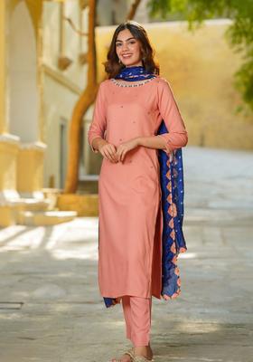 Peach Solid Viscose Kurta Sets