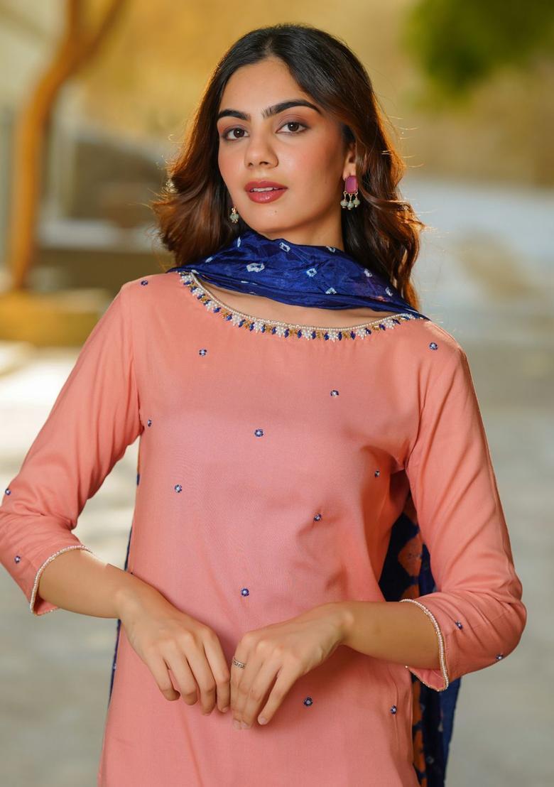 Peach Solid Viscose Kurta Sets - Indya